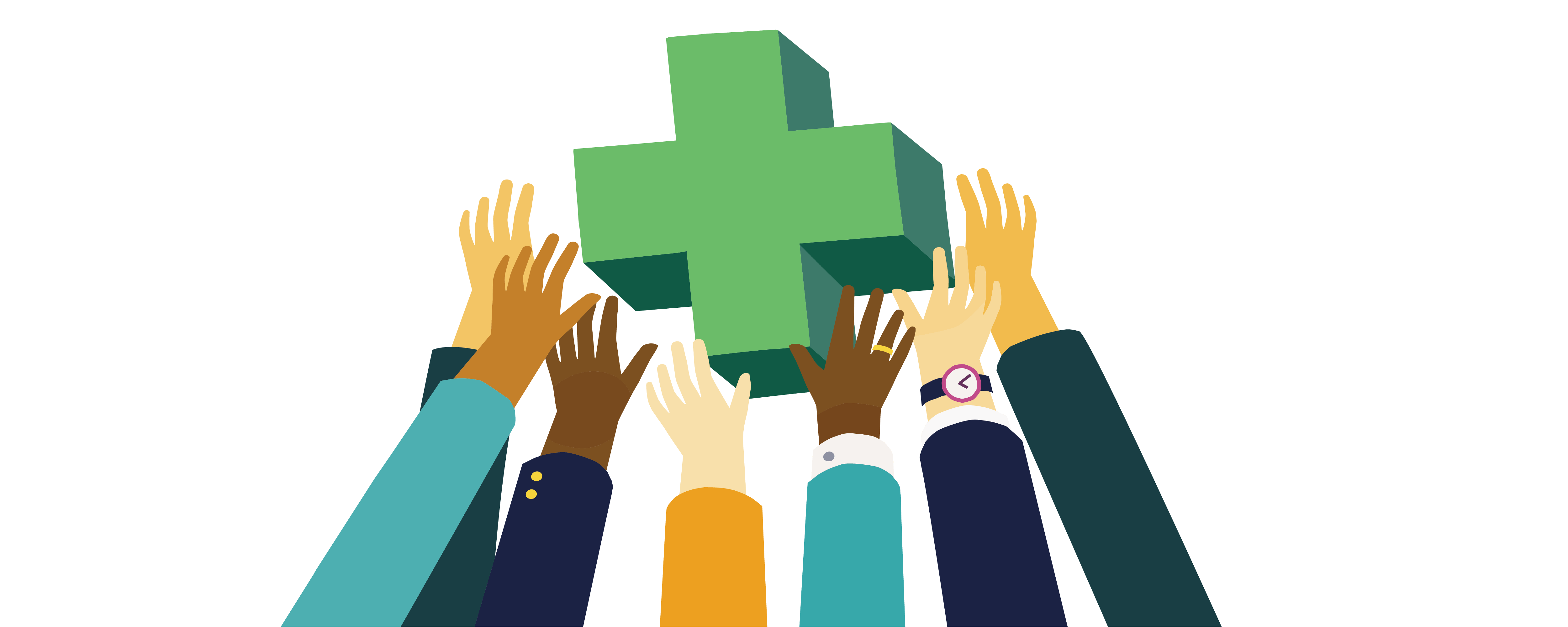 healthcare professionals uplifting pharmacy cross