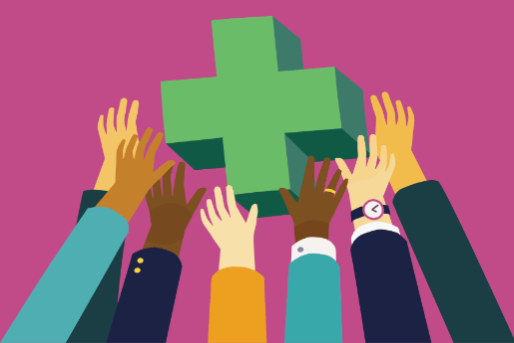 Illustration of hands reaching for the green cross of pharmacy