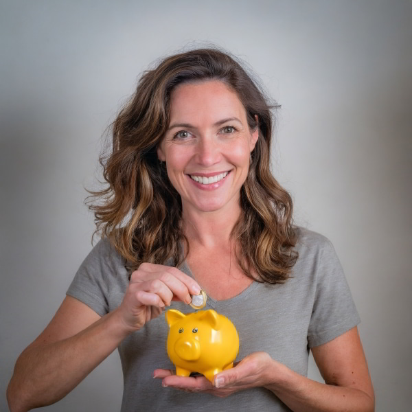 Photo of a happy lady adding money to a yellow piggy bank