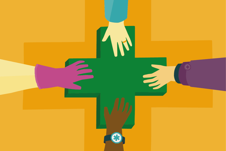 Illustration of pharmacists with hands together on a pharmacy cross