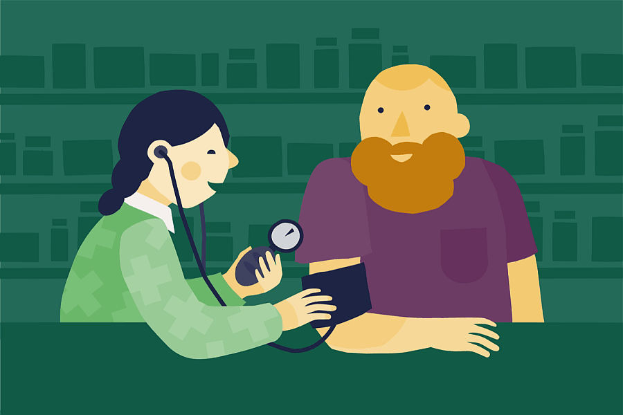 Bearded man receiving medical attention from a pharmacist
