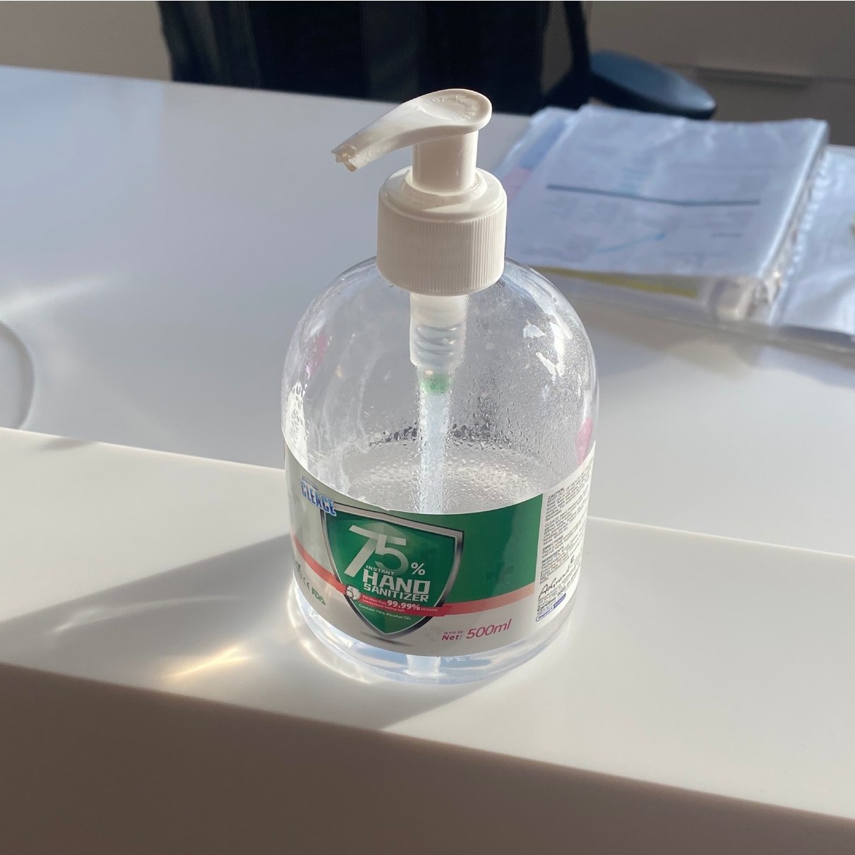 Bottle of alcohol gel on reception desk